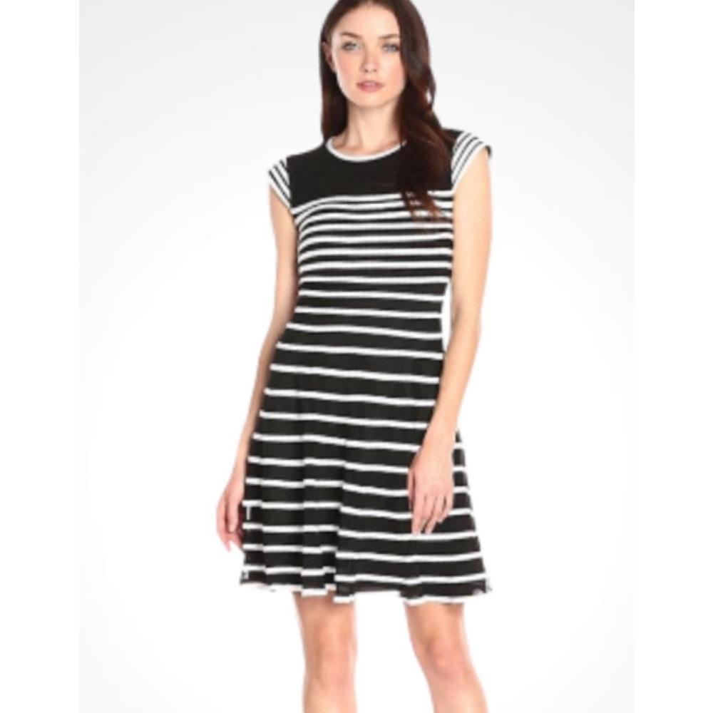 Betsy & Adam Black and White Striped Cap Sleeve Ribbon Piping Mini Dress 6